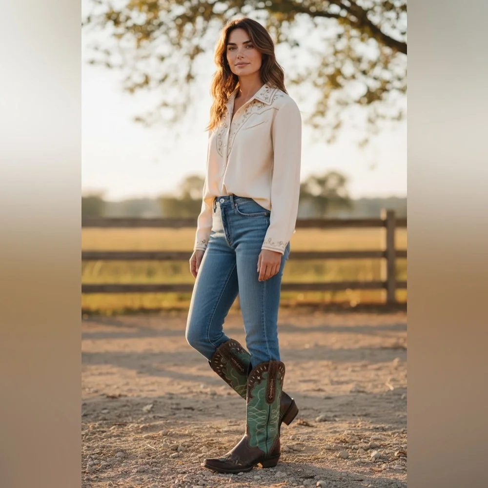 Ariat Brown and Teal Western Heeled Cowboy Boots - Picture 5 of 13